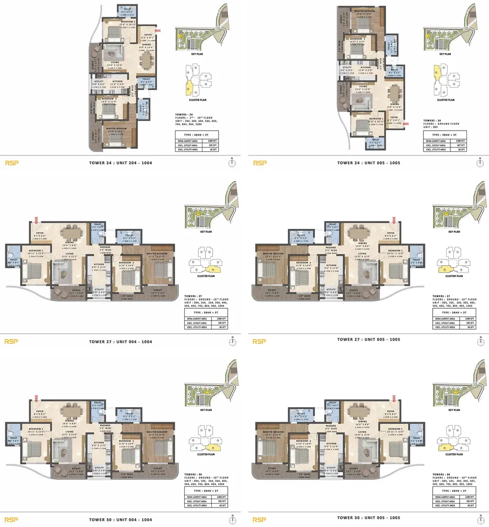 3BHK + 3T (1260 sq. ft.) Floor Plans and Configurations