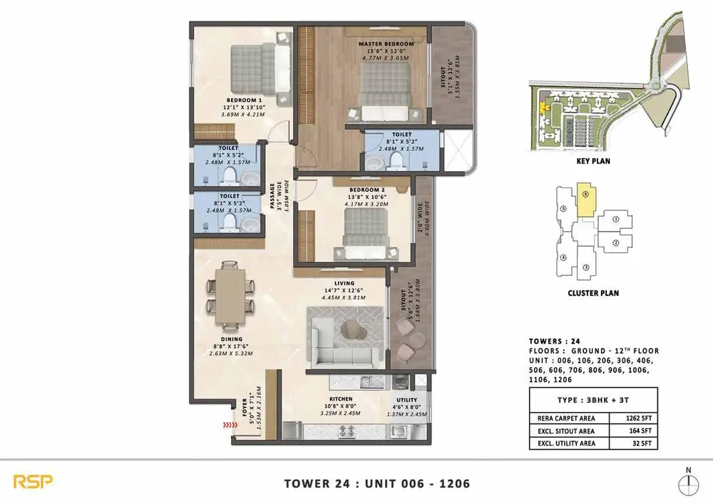 3BHK + 3T (1262 sq. ft.) Floor Plan and Configurations