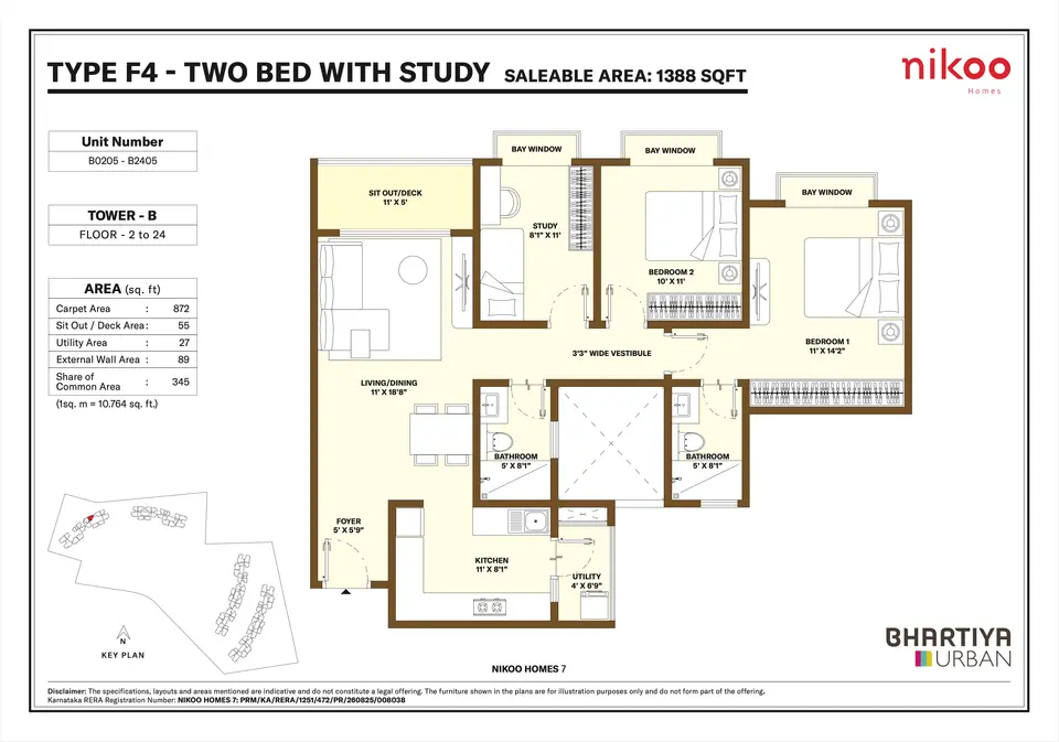 Type F4 - 2 BHK + Study (1388 sqft)