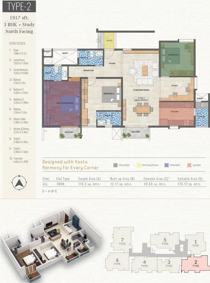 3BHK + Study - Type 2 North Facing (1917 sqft)