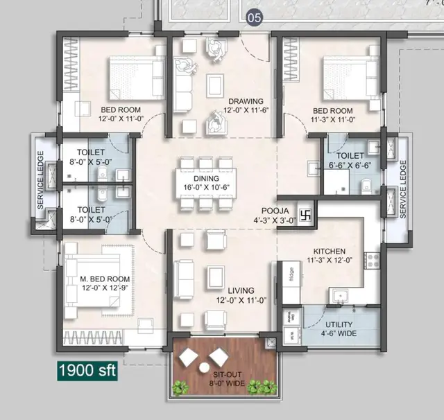 3BHK (1900 sqft)