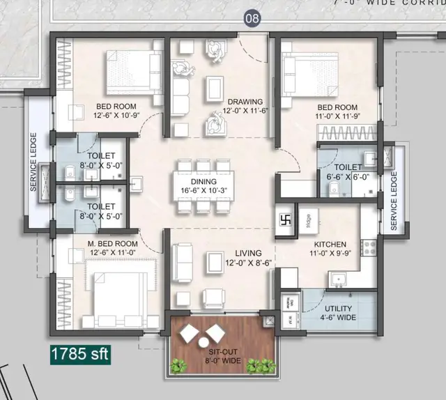 3BHK (1785 sqft)