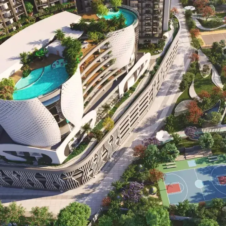 Rooftop pool and clubhouse at Embassy Astra