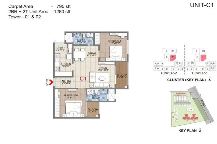 2BHK + 2T – Unit C1 (1280 sqft)