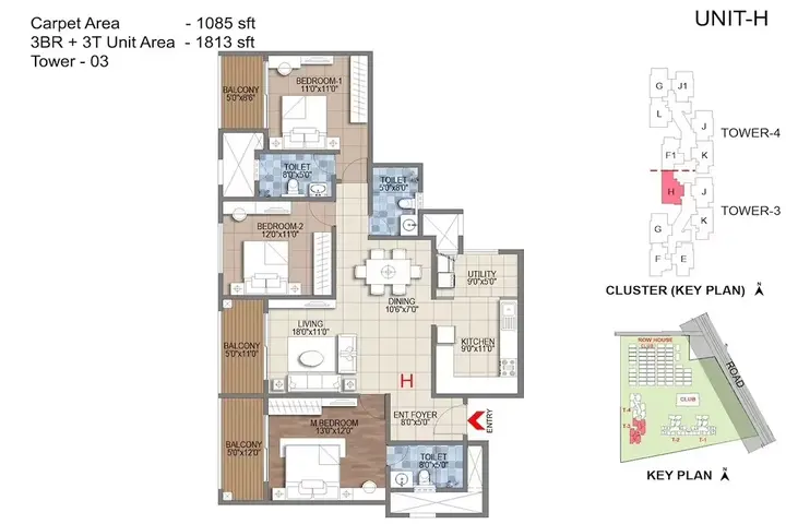 3BHK + 3T – Unit H (1813 sqft)