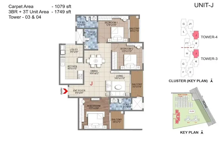 3BHK + 3T – Unit J (1749 sqft)