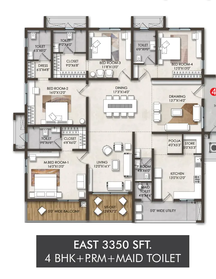 4BHK + PRM + Maid Toilet (3350 sqft)