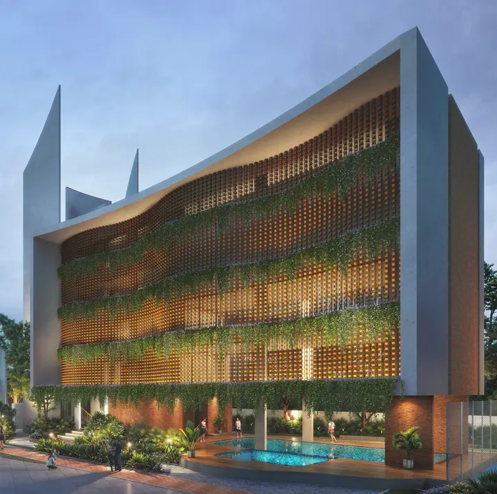 Clubhouse with pool at Saffron by SUYUG