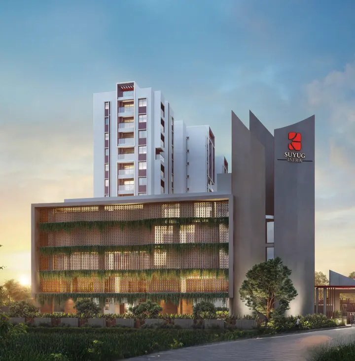 Entrance facade at Saffron by SUYUG