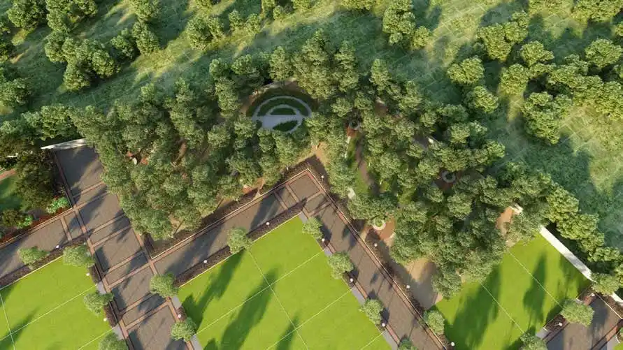 Aerial view of plotted layouts and greenery at Abhee Codename You