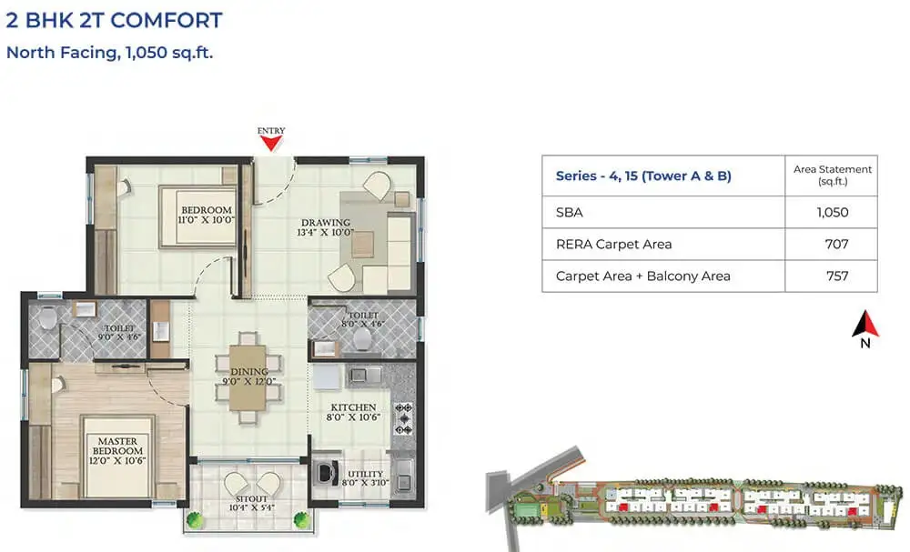 2BHK – 2T Comfort (1050 sqft)