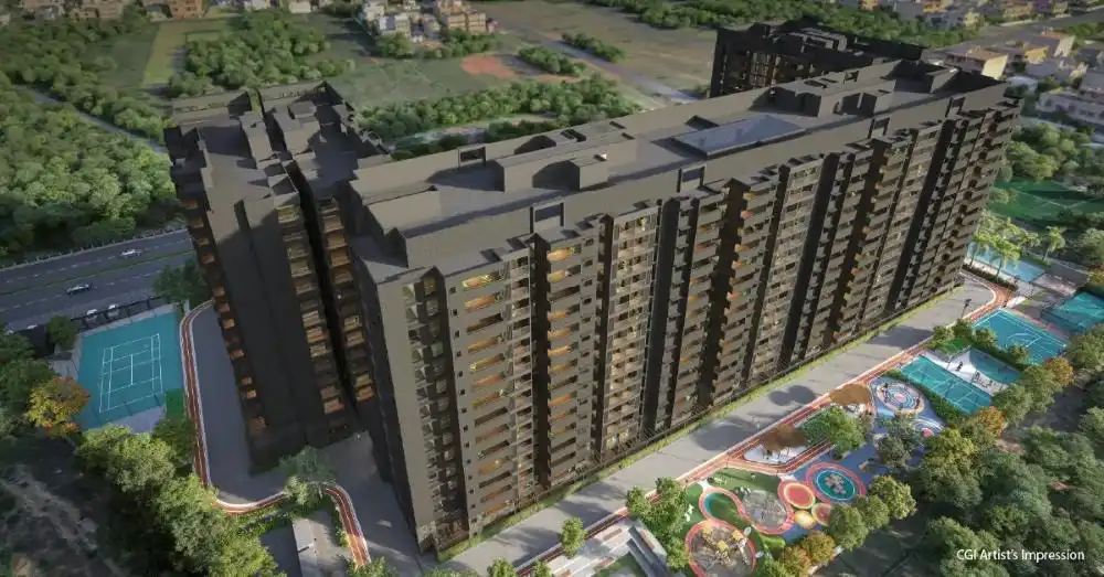 Aerial view of Assetz Zen and Sato towers with landscaped gardens and play zones