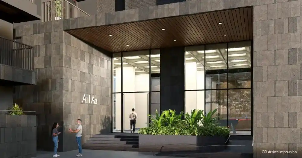 Tower entrance at Assetz Zen and Sato with glass lobby design
