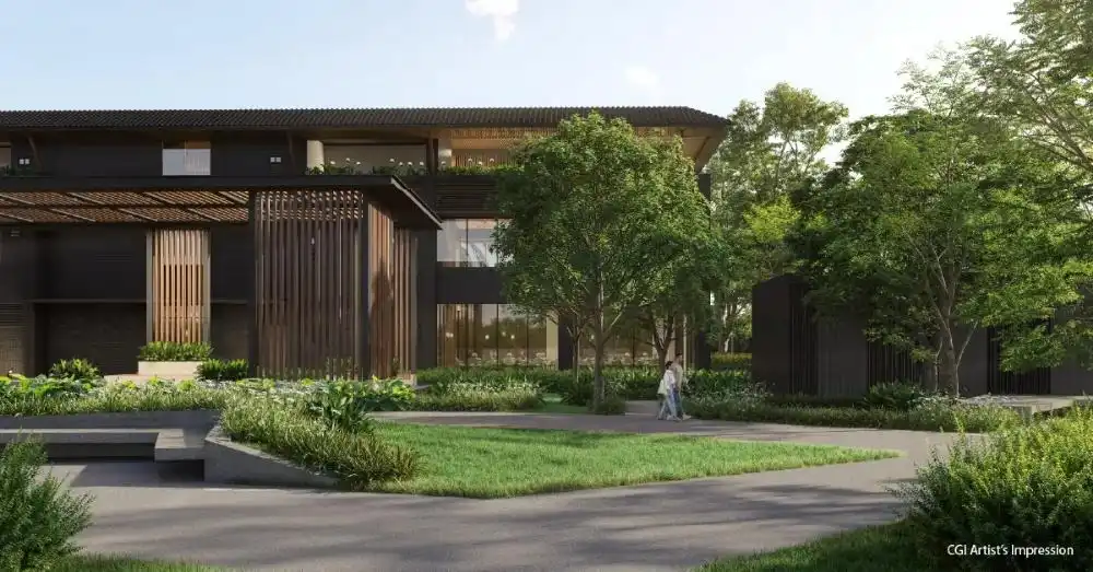 Garden and walkway area at Assetz Zen and Sato surrounded by trees