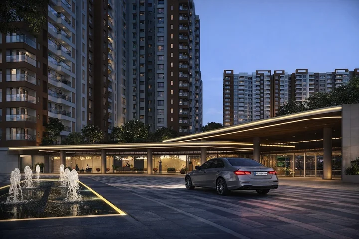 Grand entrance driveway at Prestige Evergreen