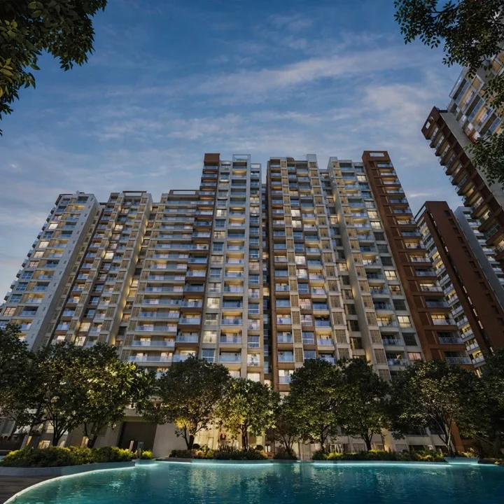 Evening view of residential towers at Prestige Evergreen