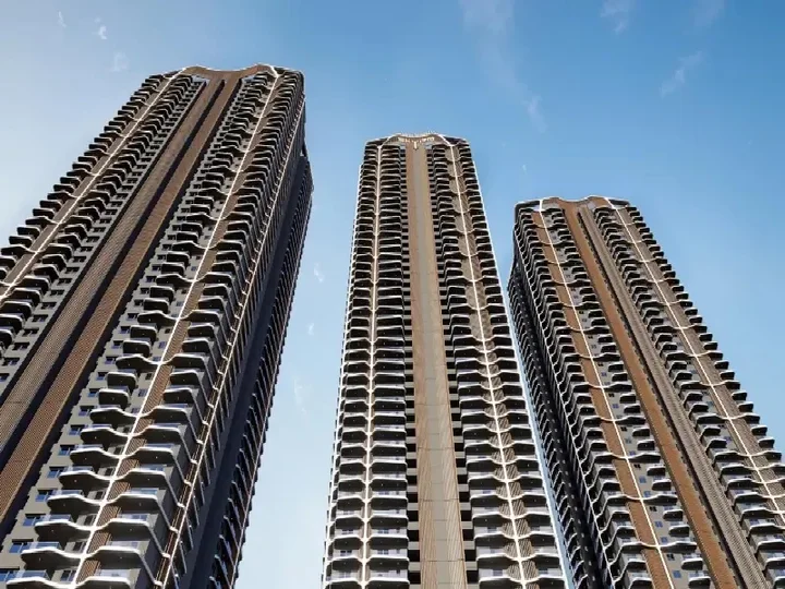 Skyward view of Rajapushpa Skyra high-rise towers