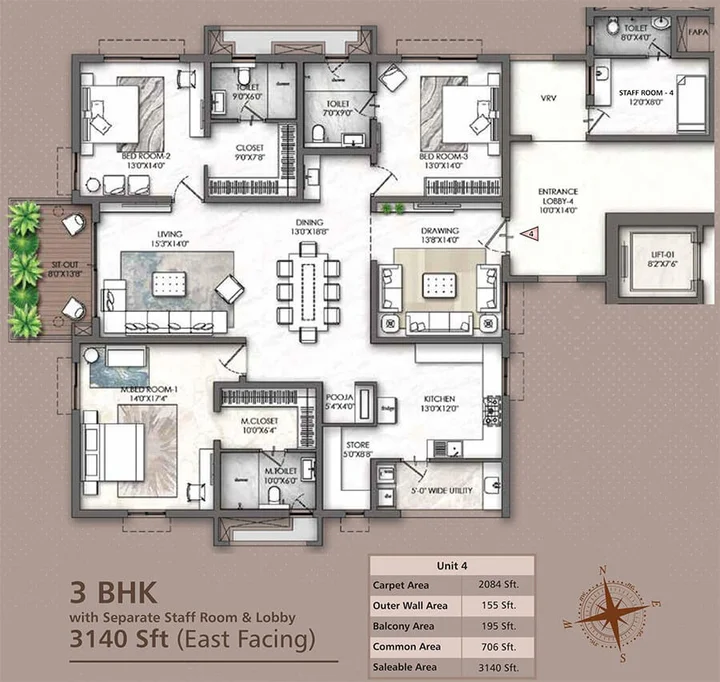 3BHK – Unit 4 East Facing (3140 sqft)
