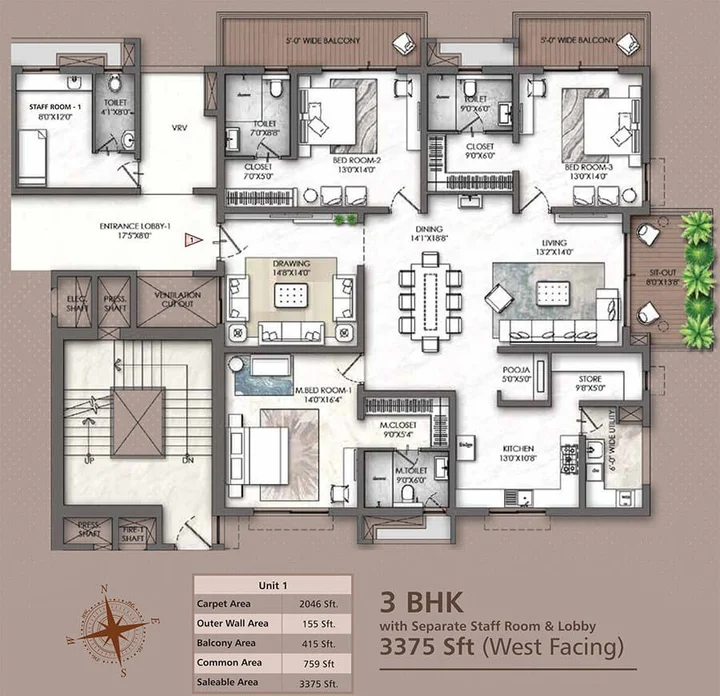 3BHK – Unit 1 West Facing (3375 sqft)