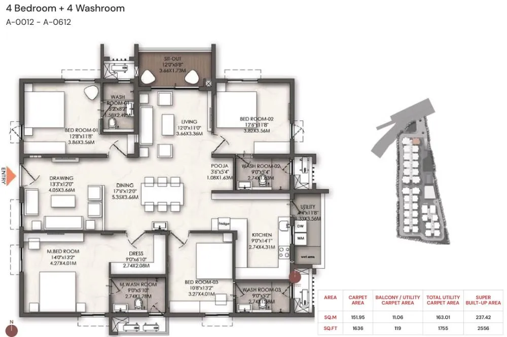 4BHK floor plan for Brigade Enclave, Moti Nagar, showing a total carpet area of 1755 sq.ft unit with four bedrooms and a modern kitchen layout.