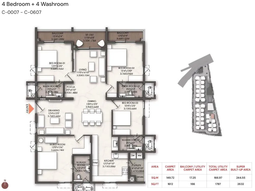 Architectural floor plan for a total carpet area of 1797 sq.ft 4BHK residence at Brigade Enclave, Moti Nagar, including room dimensions and utility spaces.