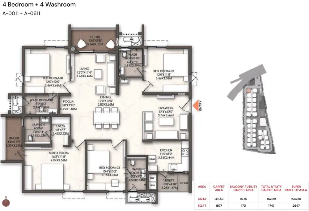 Floor plan of a 4BHK apartment at Brigade Enclave, Moti Nagar, featuring a total carpet area of 1747 sq.ft with multiple balconies and a spacious living area.