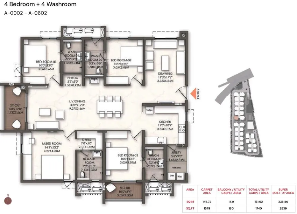4BHK - 2539 sq.ft: Brigade Enclave Moti Nagar 4 Bedroom + 4 Washroom floor plan with a massive 30'9" living/dining hall and 1579 sq.ft carpet area.