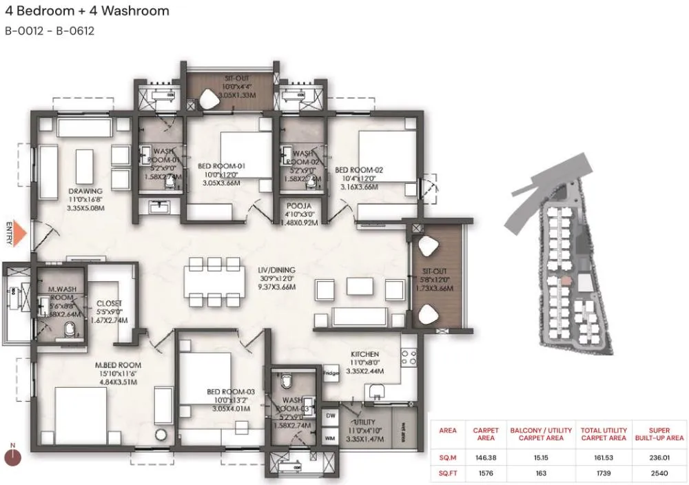 4BHK - 2540 sq.ft: Brigade Enclave Moti Nagar 4 Bedroom + 4 Washroom floor plan featuring a luxury master suite and a total utility area of 1739 sq.ft.