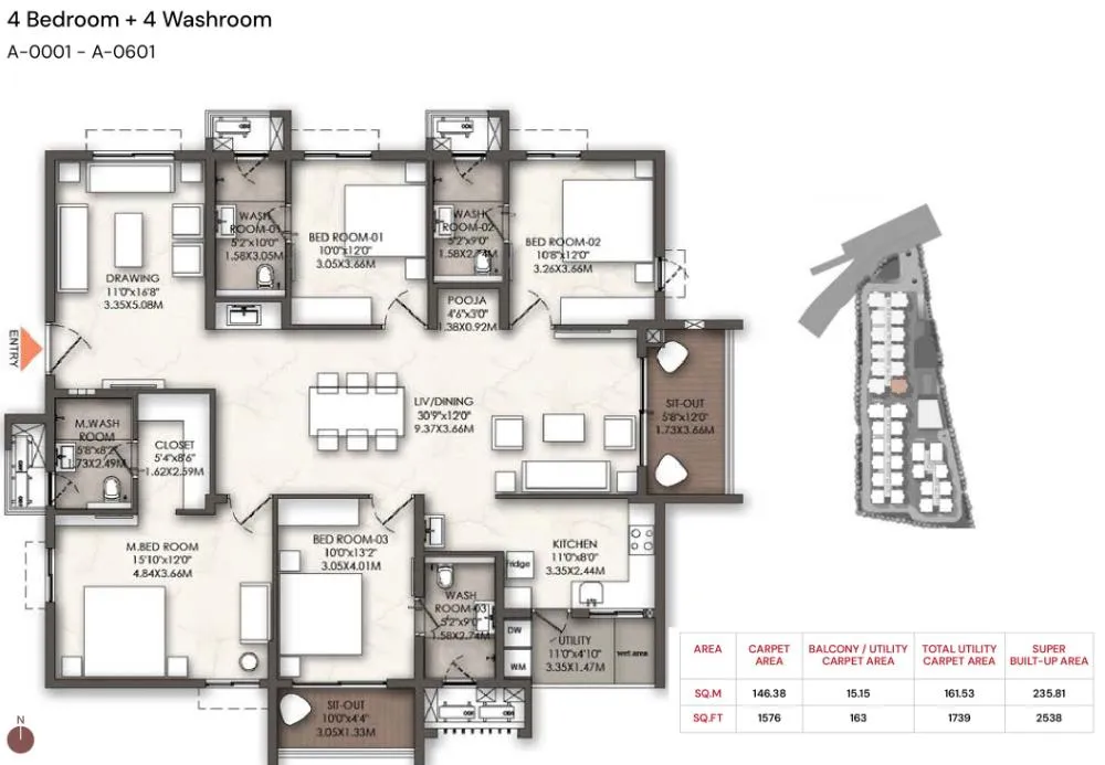4BHK - 2538 sq.ft: Brigade Enclave Moti Nagar 4 Bedroom + 4 Washroom floor plan featuring a walk-in closet and 1576 sq.ft carpet area.