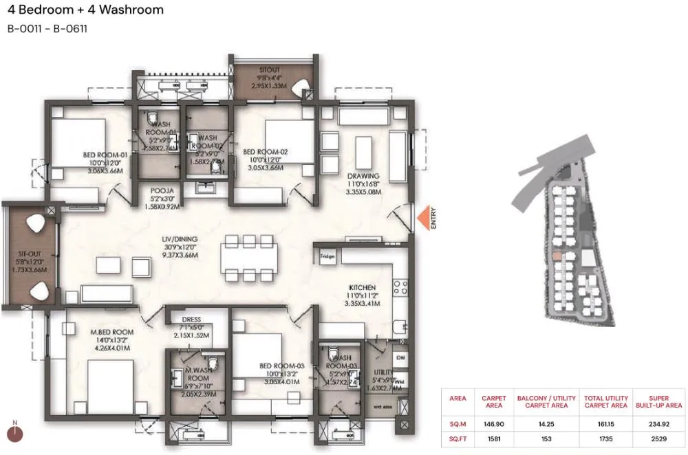 4BHK - 2529 sq.ft: Brigade Enclave Moti Nagar 4 Bedroom + 4 Washroom floor plan with dual sit-outs and a 1581 sq.ft carpet area.