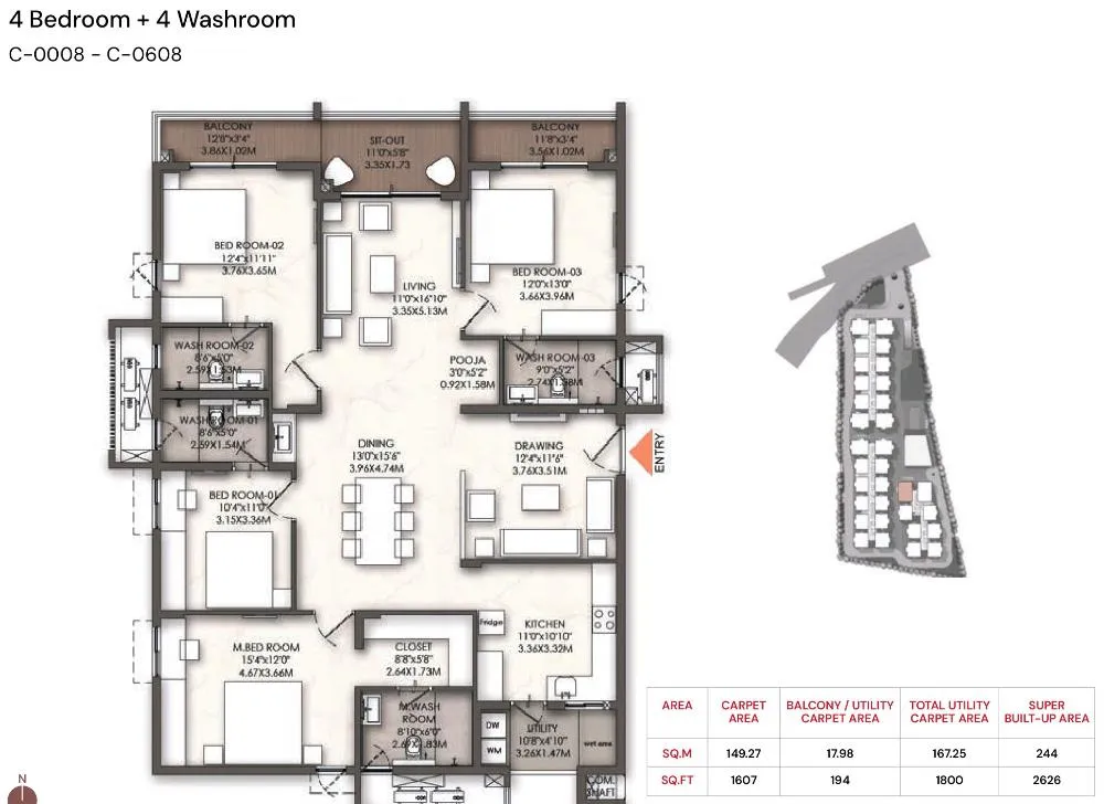 Detailed floor plan of a total carpet area of 1800 sq.ft 4BHK luxury apartment in Brigade Enclave, Moti Nagar, highlighting the master suite and open-plan dining.