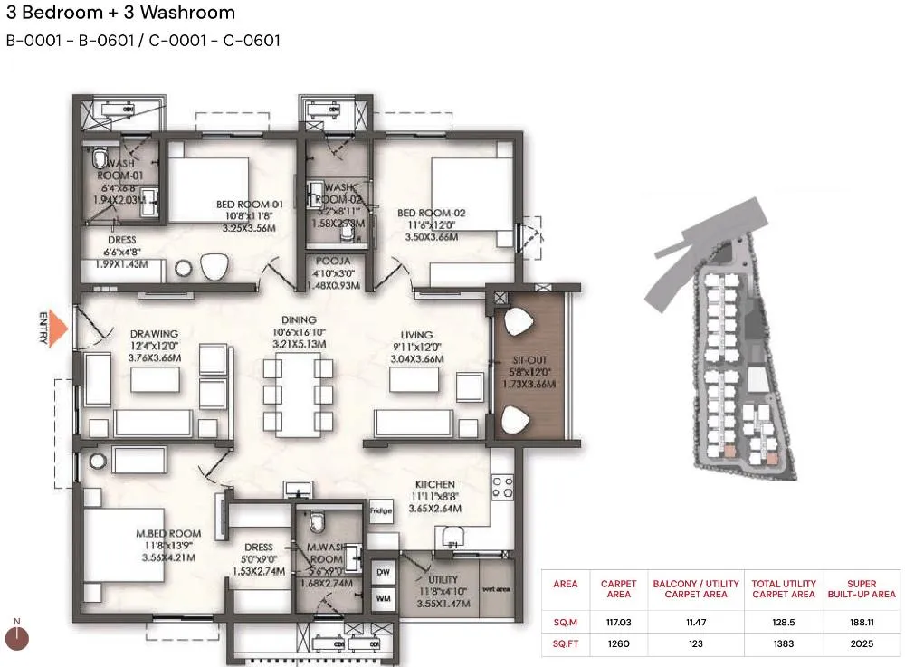 3BHK - 2025 sq.ft: Brigade Enclave Moti Nagar 3 Bedroom + 3 Washroom floor plan with the largest 3BHK super built-up area of 2025 sq.ft.