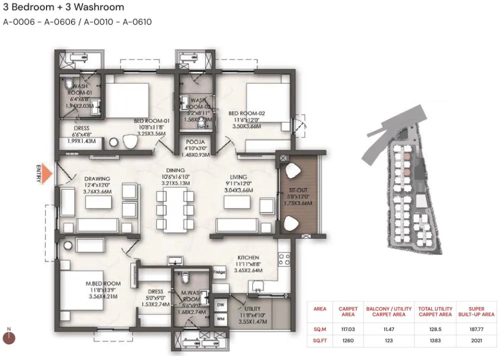 3BHK - 2021 sq.ft: Brigade Enclave Moti Nagar 3 Bedroom + 3 Washroom floor plan featuring a spacious master suite and 1260 sq.ft carpet area.