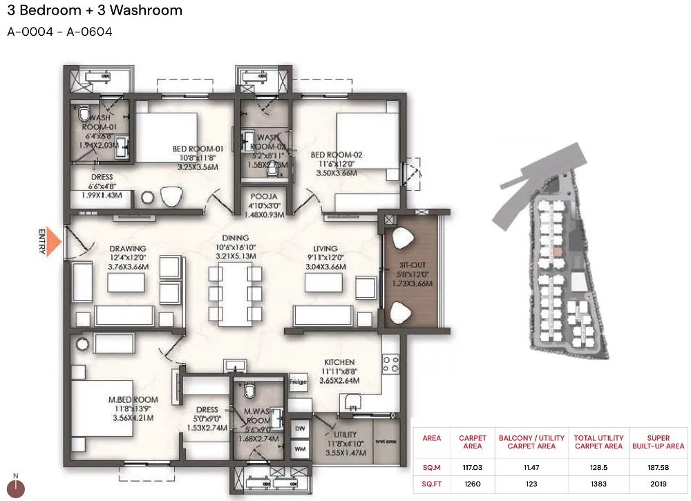 3BHK - 2019 sq.ft: Brigade Enclave Moti Nagar 3 Bedroom + 3 Washroom floor plan with 1260 sq.ft carpet area and a mirrored layout for Tower A.