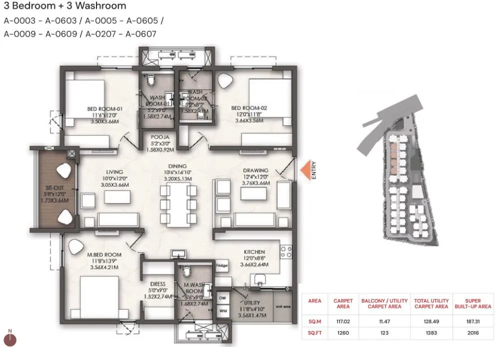 3BHK - 2016 sq.ft: Brigade Enclave Moti Nagar 3 Bedroom + 3 Washroom floor plan featuring an added dressing area and a 1260 sq.ft carpet area.