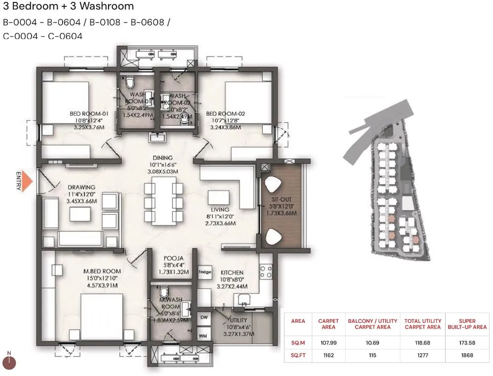 3BHK - 1868 sq.ft: Brigade Enclave Moti Nagar 3 Bedroom + 3 Washroom floor plan featuring a central dining layout and a 1162 sq.ft carpet area.