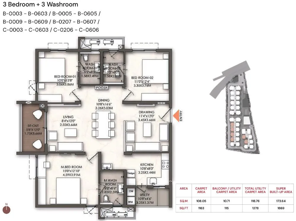 3BHK - 1869 sq.ft: Brigade Enclave Moti Nagar 3 Bedroom + 3 Washroom floor plan with a 1163 sq.ft carpet area and a West-facing entrance.