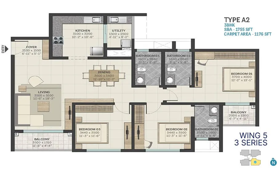 Sobha Manhattan Towers Town Park 3 BHK 1755 Sq Ft Floor Plan