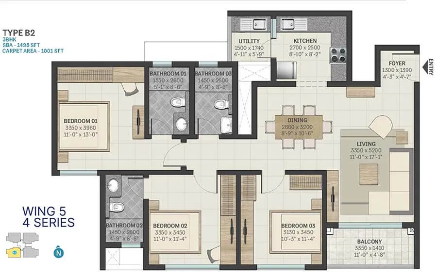 Sobha Manhattan Towers Town Park 3 BHK 1498 Sq Ft Floor Plan