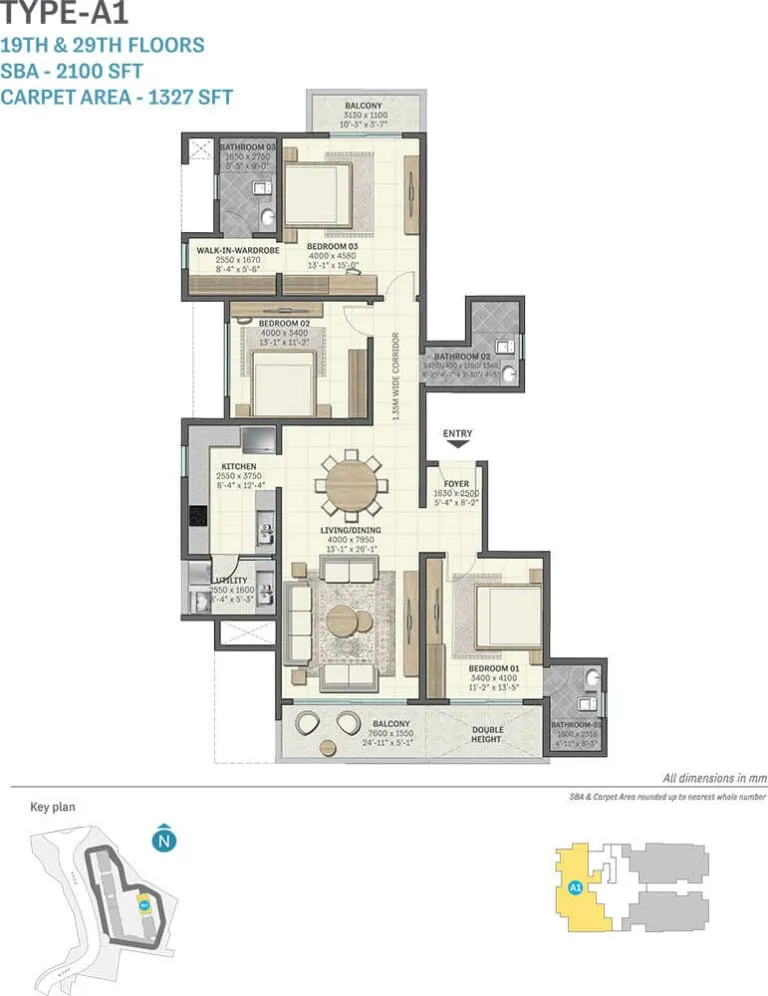 Sobha Manhattan Towers Town Park 3 BHK 2100 Sq Ft Floor Plan