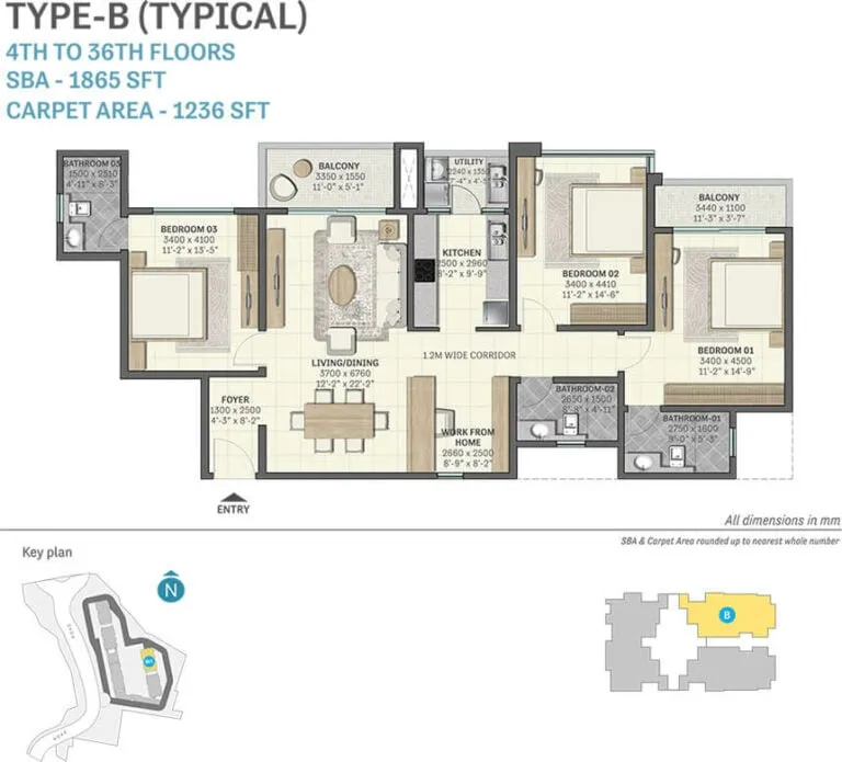 Sobha Manhattan Towers Town Park 3 BHK 1865 Sq Ft Floor Plan