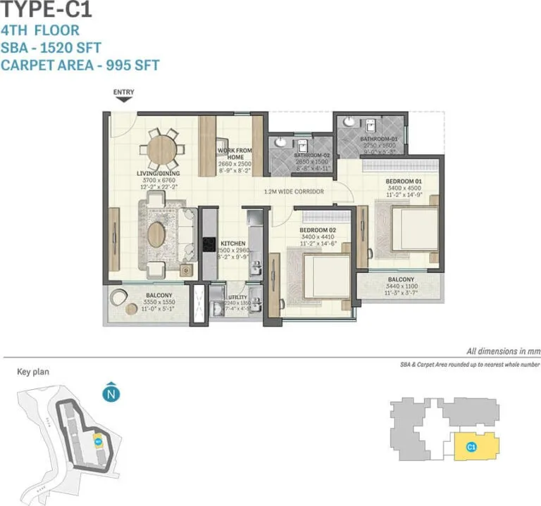 Sobha Manhattan Towers Town Park 3 BHK 1520 Sq Ft Floor Plan