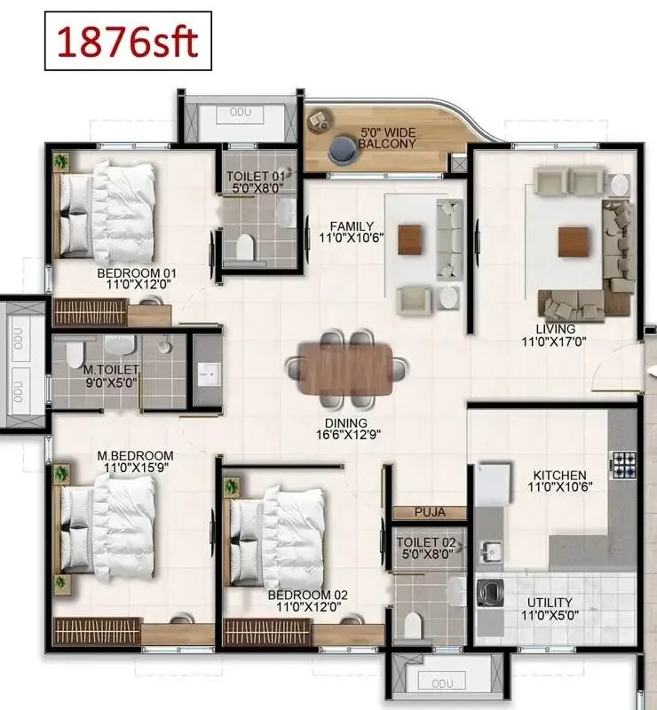 Aparna Wonder Woods 3 BHK 1876 Sq Ft Floor Plan