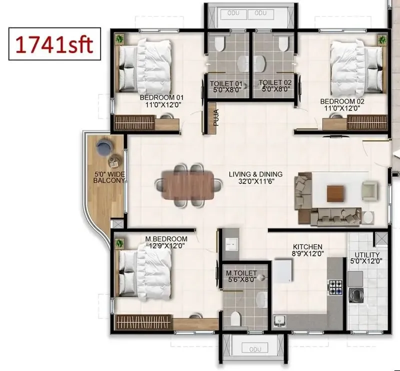 Aparna Wonder Woods 3 BHK 1741 Sq Ft Floor Plan