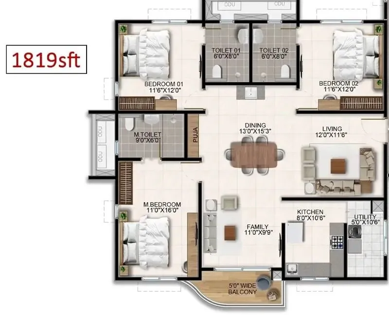 Aparna Wonder Woods 3 BHK 1819 Sq Ft Floor Plan