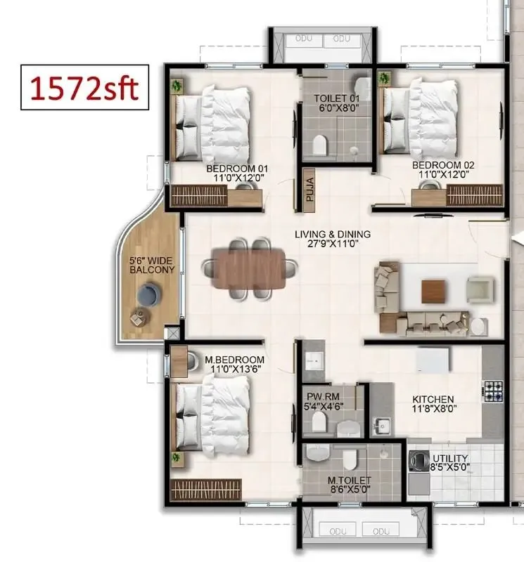 Aparna Wonder Woods 3 BHK 1572 Sq Ft Floor Plan