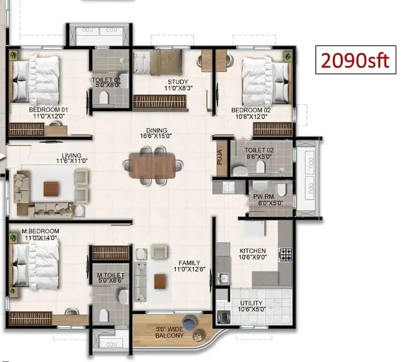 Aparna Wonder Woods 3 BHK 2090 Sq Ft Floor Plan