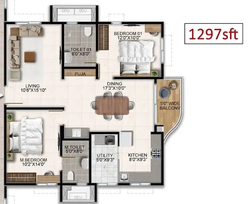 Aparna Wonder Woods 2 BHK 1297 Sq Ft Floor Plan