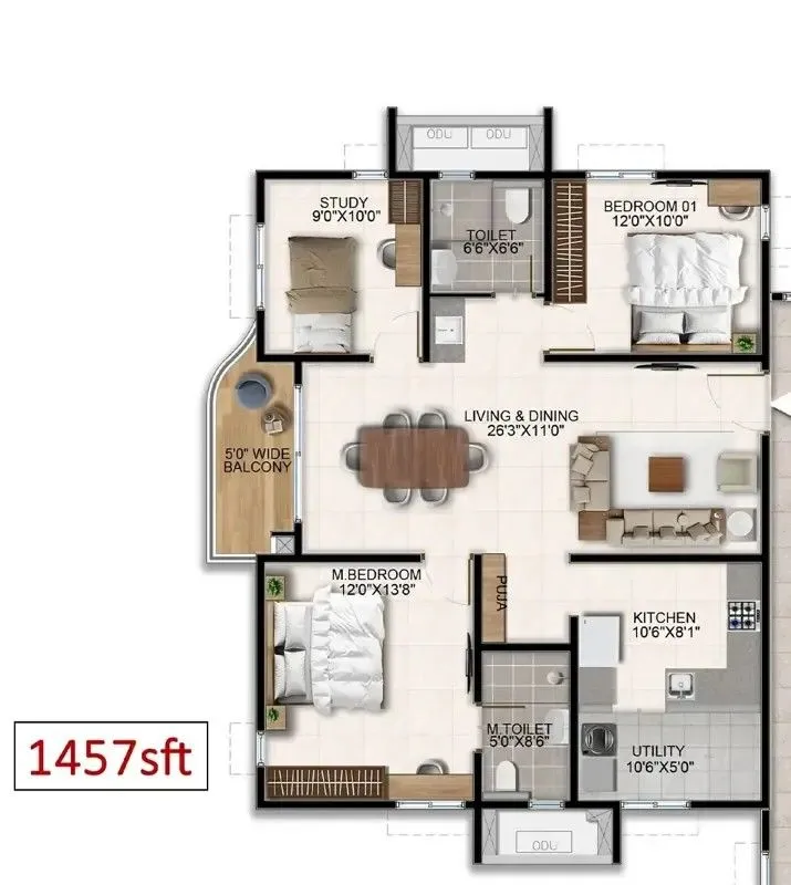 Aparna Wonder Woods 2 BHK 1457 Sq Ft Floor Plan