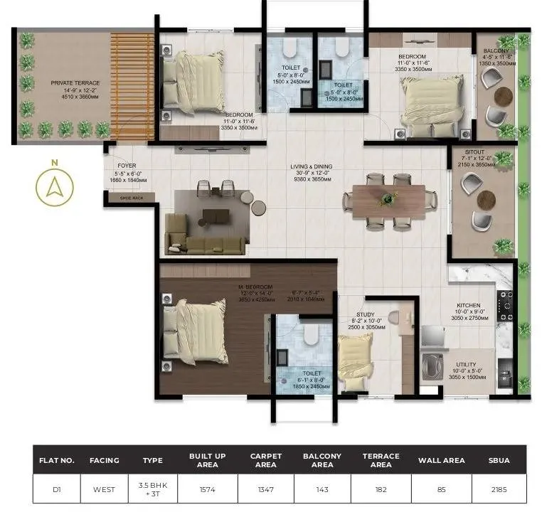 Amberstone Ventara 3.5 BHK 2185 Sq Ft Floor Plan